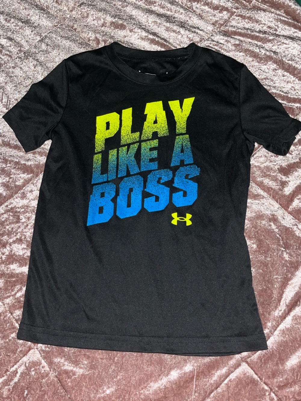 Under Armour Black Tee with Yellow-to-Blue Gradient 'Play Like A Boss' Graphic